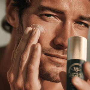 Mann trägt Captain's Essentials Gesichtscreme auf – Hautpflege Routine Männer